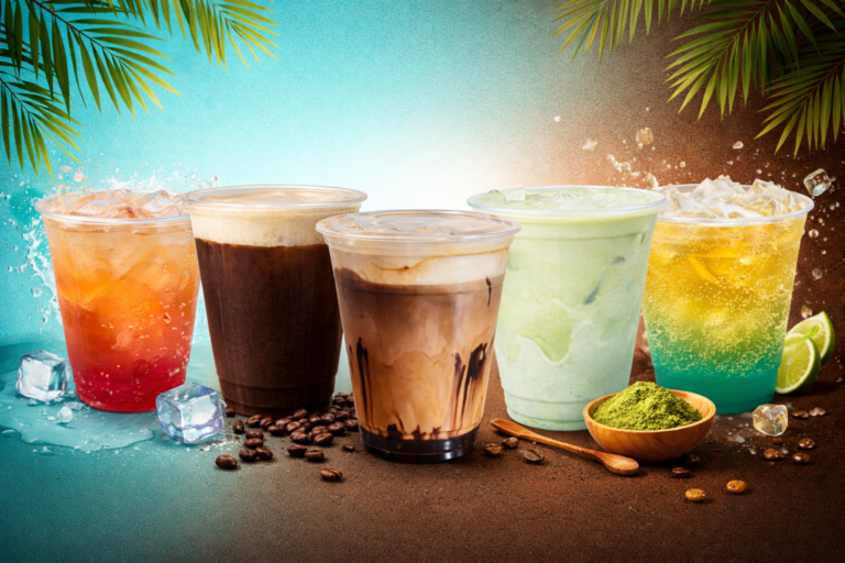 Colorful drinks with ice and coffee beans
